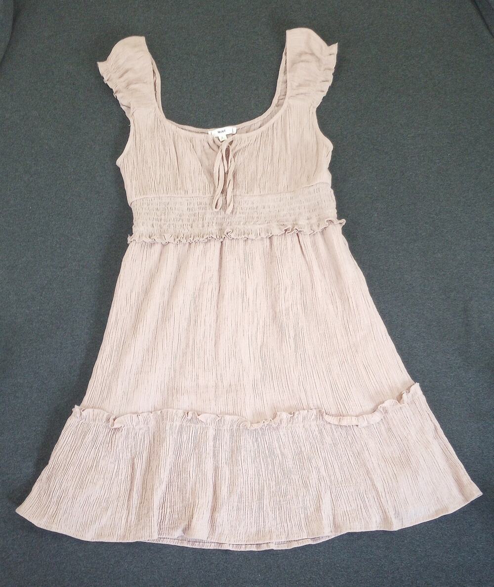 Mine Women’s Textured Ruffle Sleeve Dress Size L Beige Crinkle Fabric Front Tie